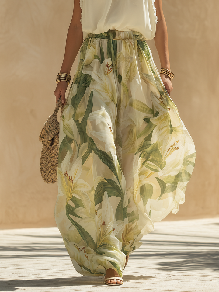 Romantic Vacation Chiffon Ruffled Sleeveless Top And Lily Print Pants Set