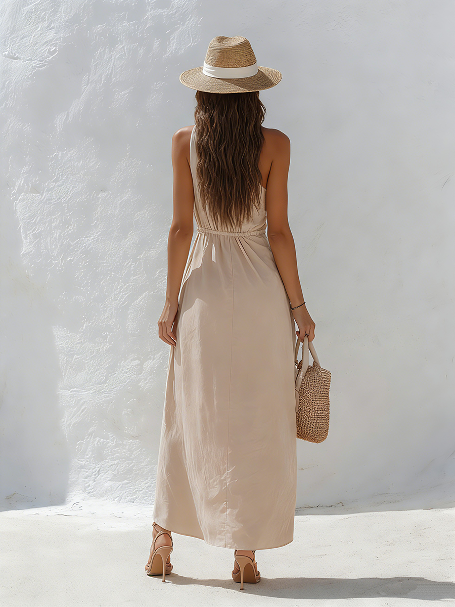 Long beige dress with off the shoulders and slit, vacation style