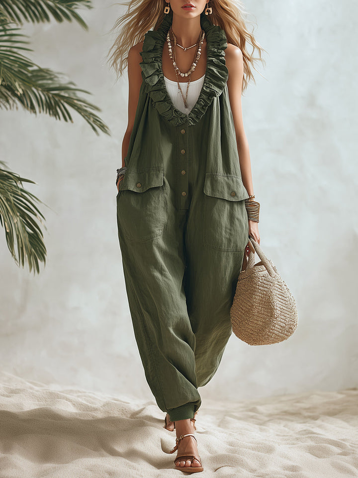 Bohemian Resort Style Olive Green Cotton Linen With Ruffled Neckline And Buttons Loose-fitting Jumpsuit.