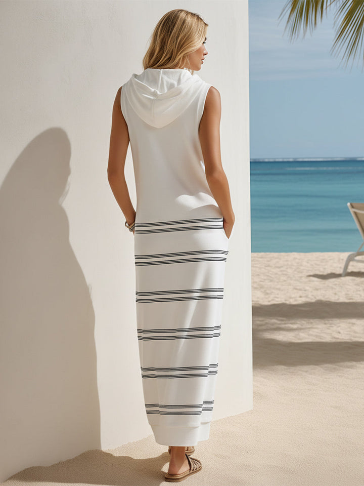 White hooded sleeveless maxi dress with black stripes for a sailing vacation