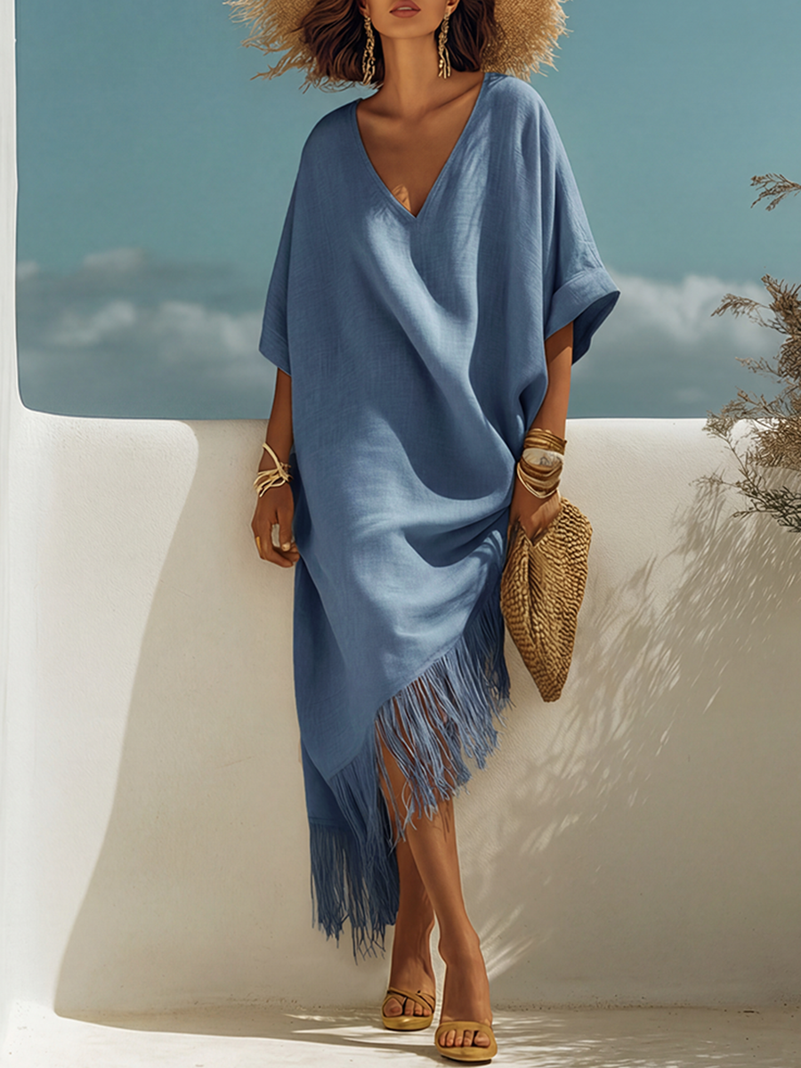 Beige Short Sleeve V-Neck Fringe Casual Bohemian Style Maxi Dress