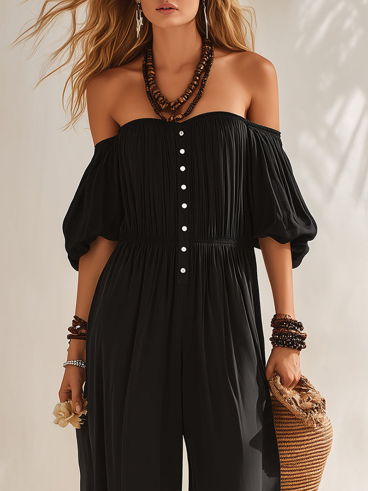 Bohemian Black Off-Shoulder Puff Sleeve Loose Jumpsuit