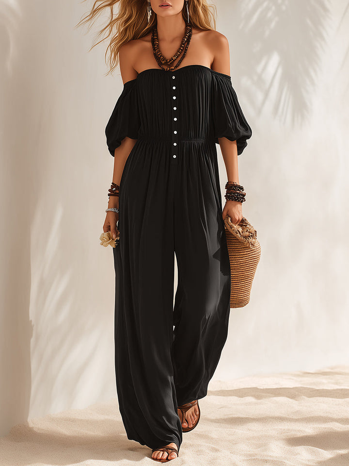 Bohemian Black Off-Shoulder Puff Sleeve Loose Jumpsuit