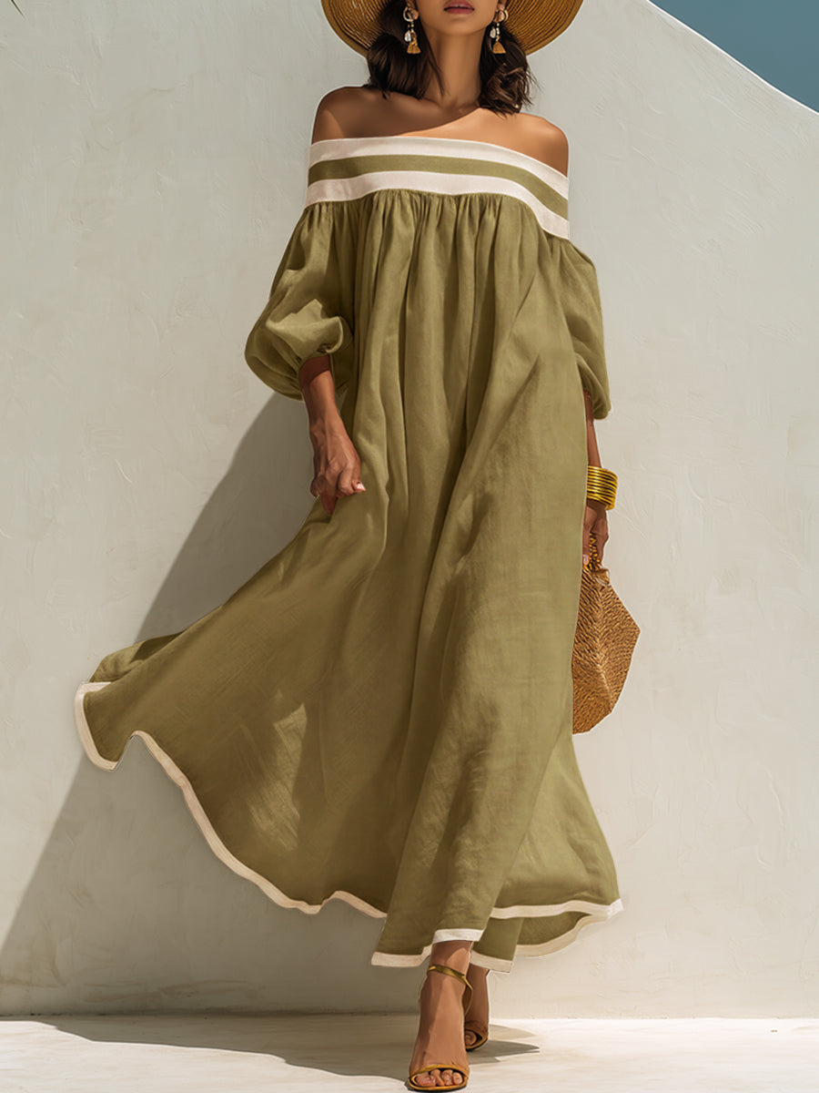 Beige cotton-linen maxi dress with off-the-shoulder sleeves and color blocking, loose fit.