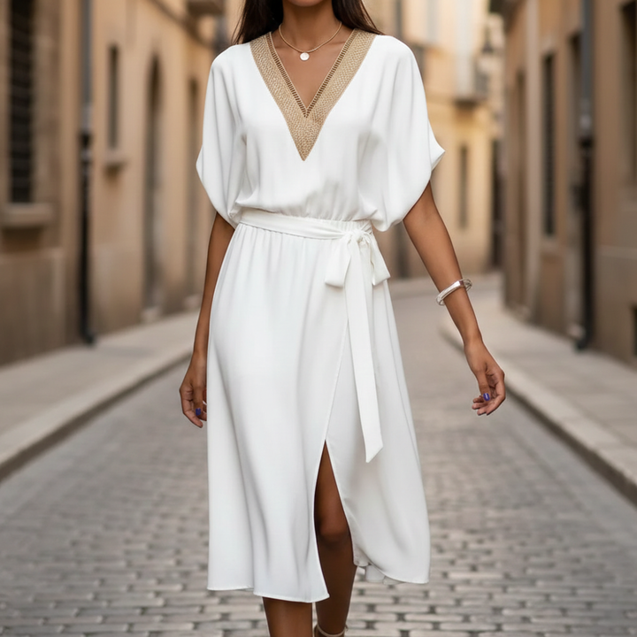 Midi Dress V Neck Short Sleeve Tie Waist Women