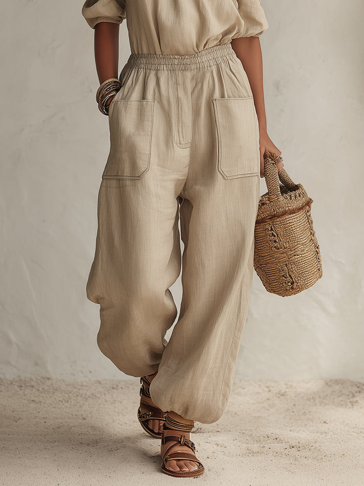 Bohemian Casual Light Khaki Cotton Linen Off-shoulder Top And Loose Trousers Set