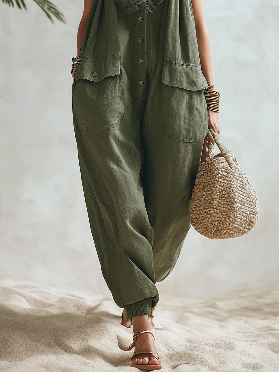 Bohemian Resort Style Olive Green Cotton Linen With Ruffled Neckline And Buttons Loose-fitting Jumpsuit.