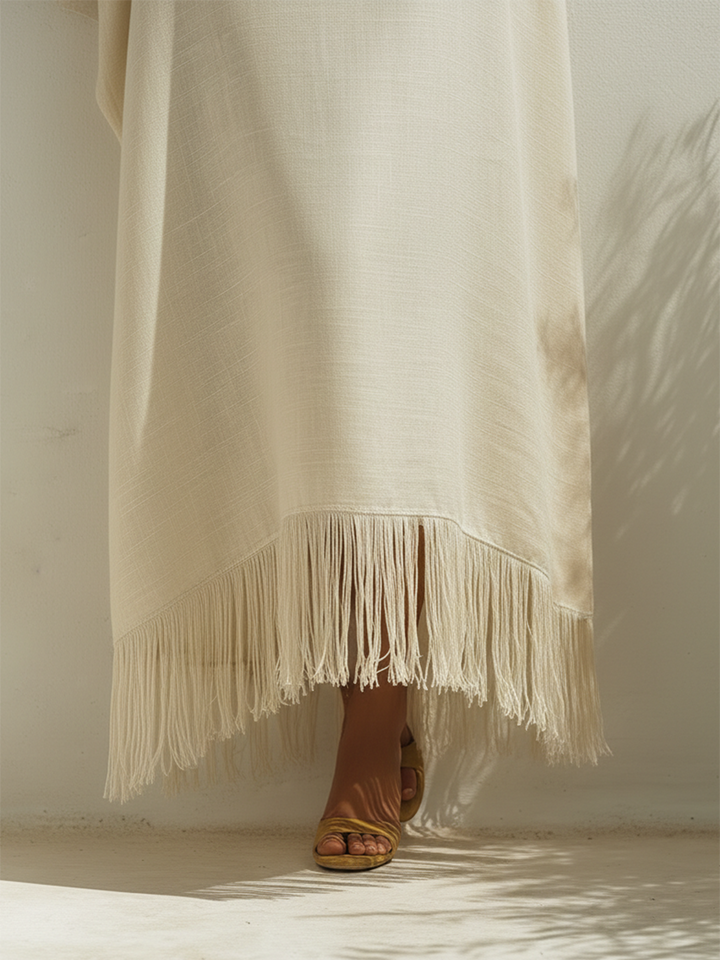 Beige Short Sleeve V-Neck Fringe Casual Bohemian Style Maxi Dress