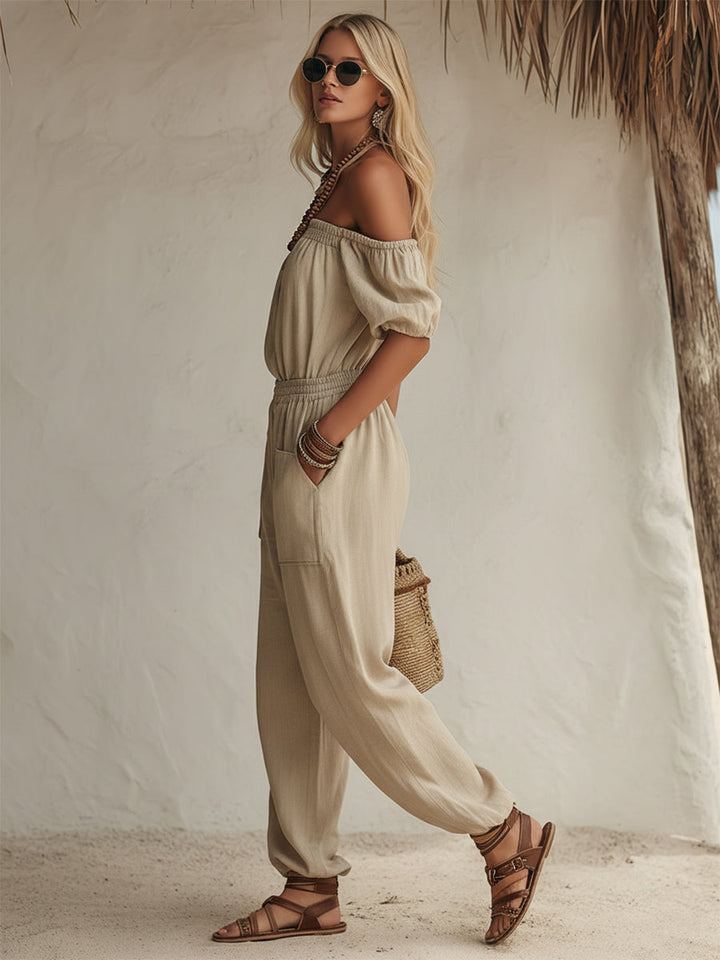 Bohemian Casual Light Khaki Cotton Linen Off-shoulder Top And Loose Trousers Set