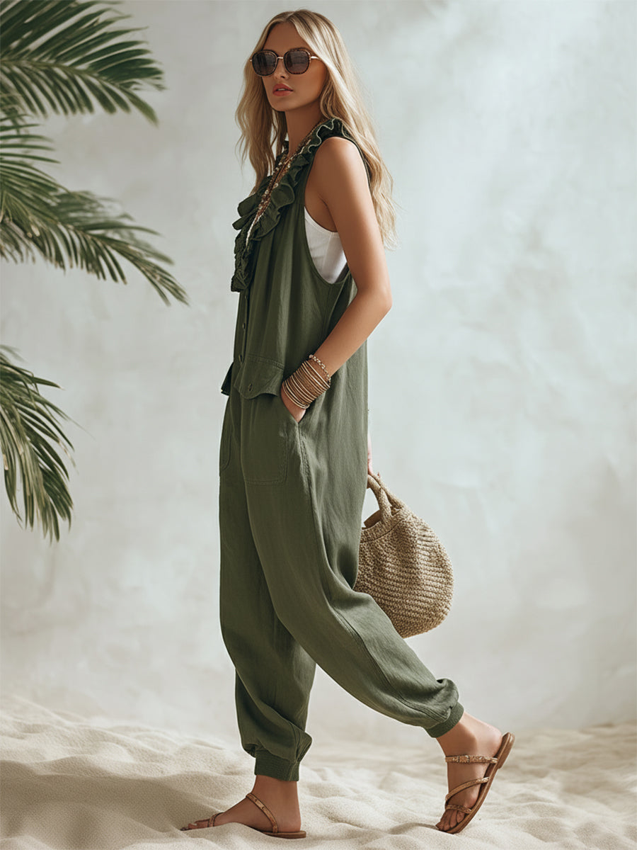 Bohemian Resort Style Olive Green Cotton Linen With Ruffled Neckline And Buttons Loose-fitting Jumpsuit.