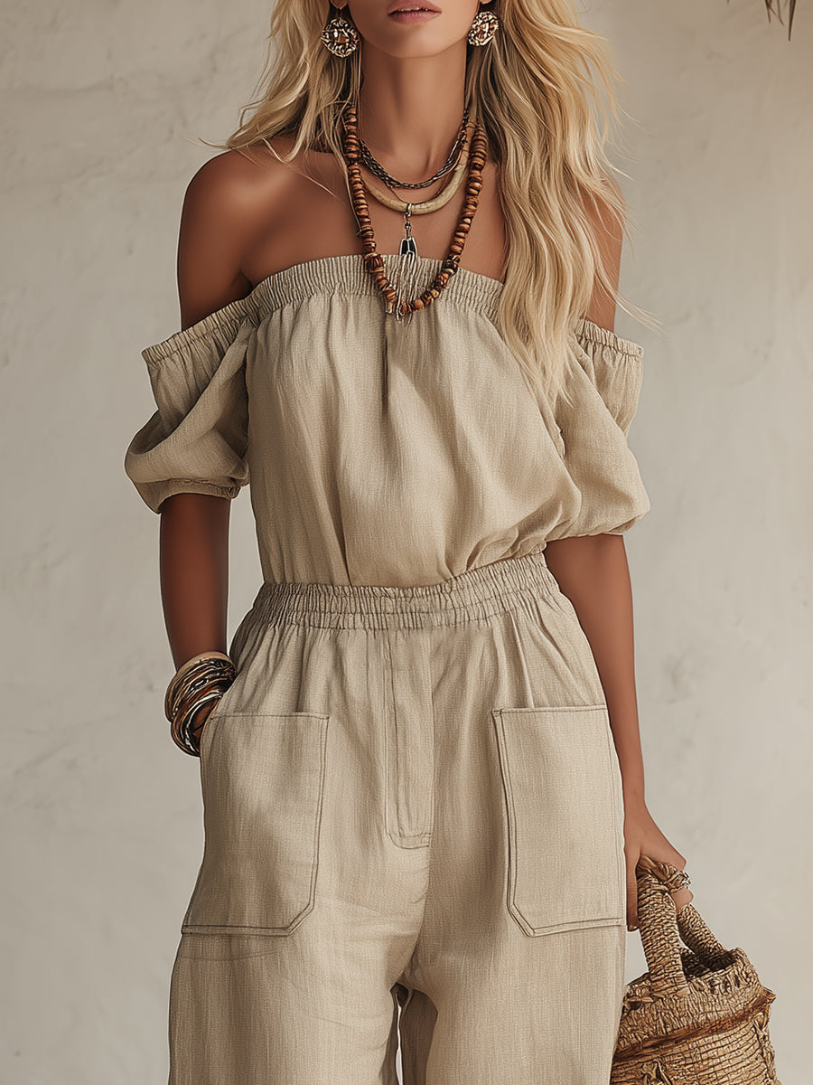 Bohemian Casual Light Khaki Cotton Linen Off-shoulder Top And Loose Trousers Set