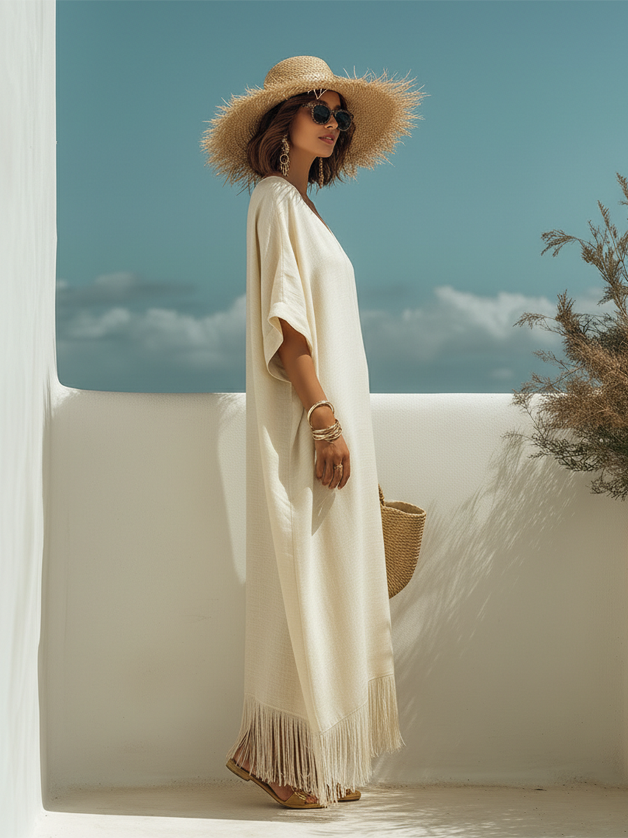 Beige Short Sleeve V-Neck Fringe Casual Bohemian Style Maxi Dress