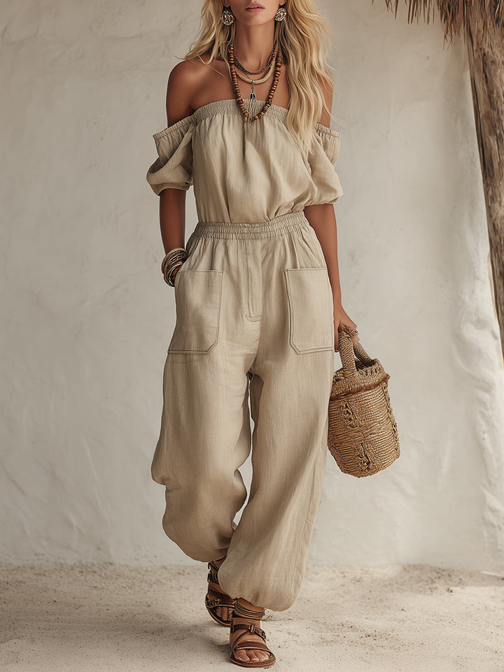 Bohemian Casual Light Khaki Cotton Linen Off-shoulder Top And Loose Trousers Set
