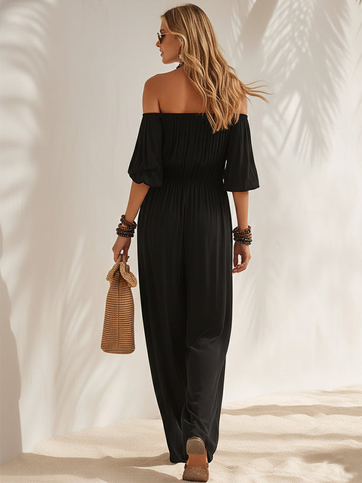 Bohemian Black Off-Shoulder Puff Sleeve Loose Jumpsuit