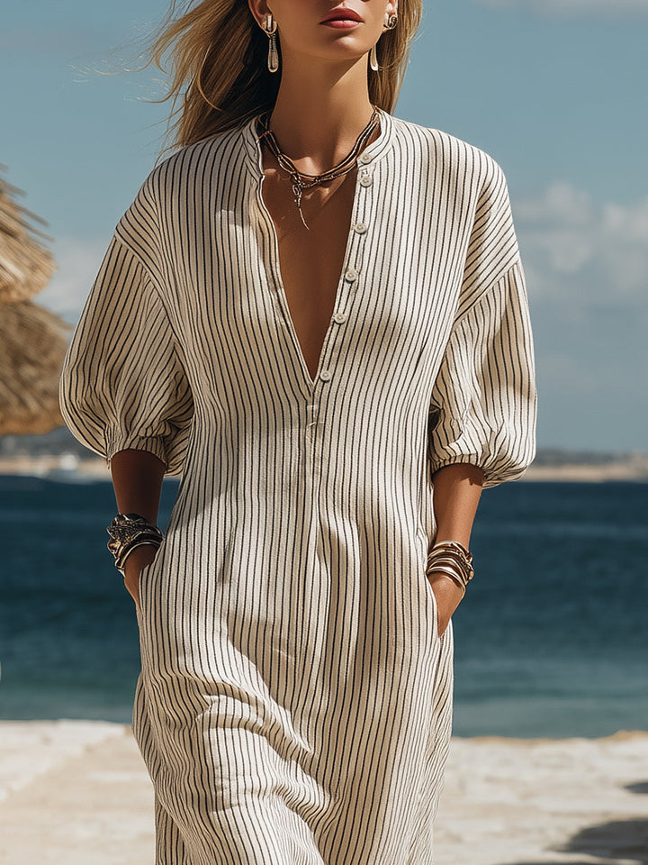 Black and Beige Striped Bohemian Casual Button Midi Dress