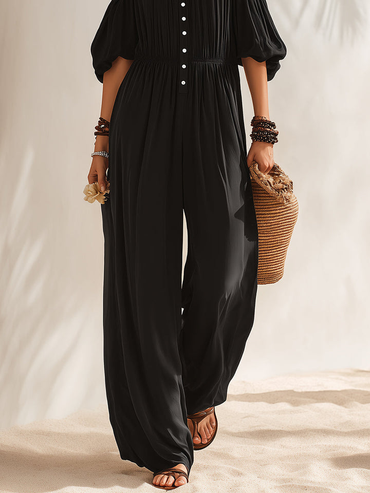 Bohemian Black Off-Shoulder Puff Sleeve Loose Jumpsuit