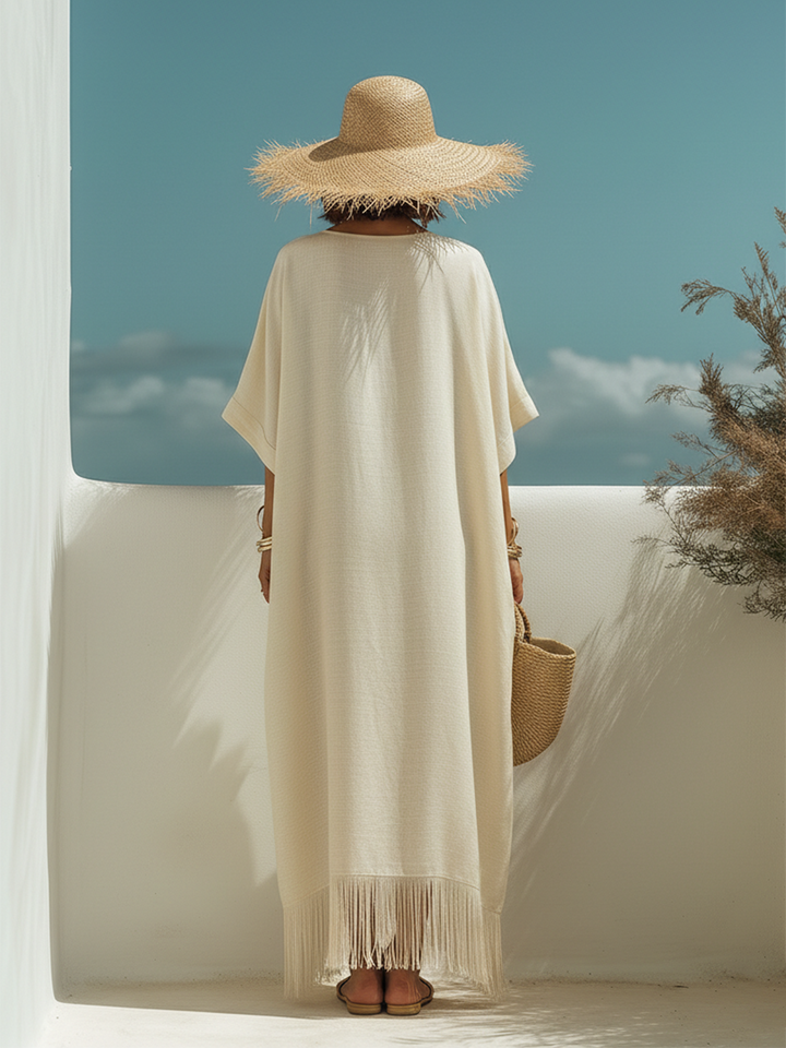 Beige Short Sleeve V-Neck Fringe Casual Bohemian Style Maxi Dress