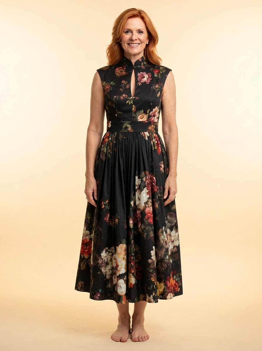 Greta | High Neck Keyhole Floral Pleated Midi Dress