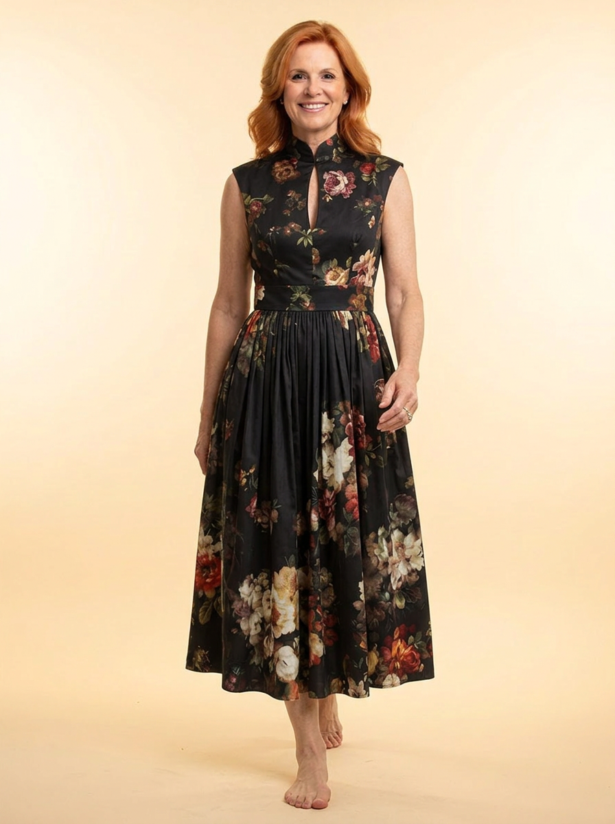 Greta | High Neck Keyhole Floral Pleated Midi Dress