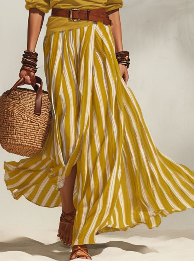 Navy and White Nautical Vacation Striped Slit Chiffon Skirt