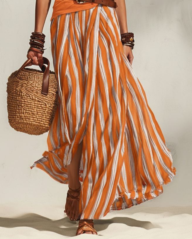 Navy and White Nautical Vacation Striped Slit Chiffon Skirt