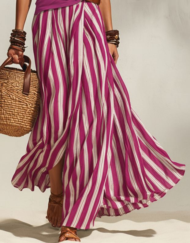 Navy and White Nautical Vacation Striped Slit Chiffon Skirt