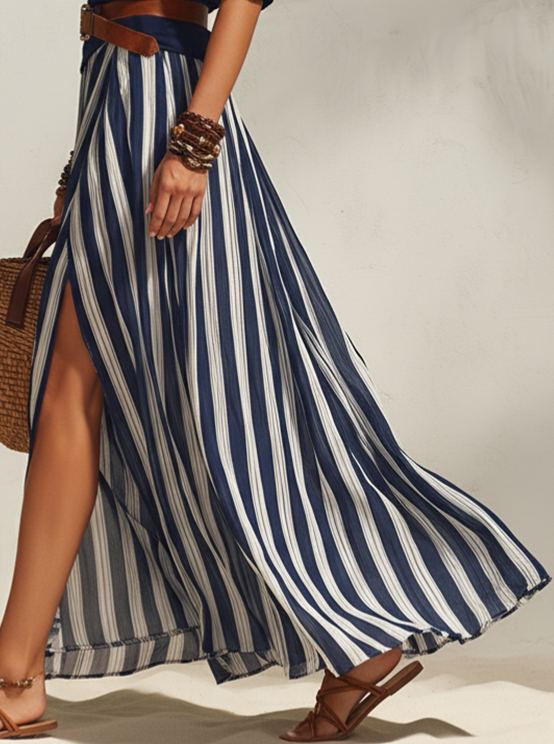Navy and White Nautical Vacation Striped Slit Chiffon Skirt