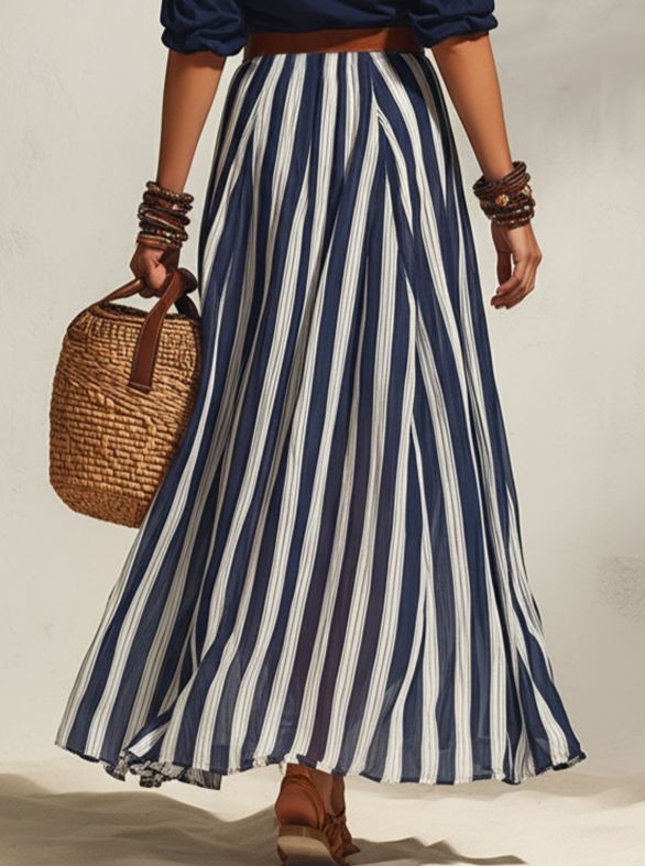 Navy and White Nautical Vacation Striped Slit Chiffon Skirt