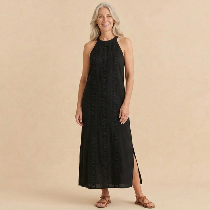 Jimena | Relaxed Embroidered Mandarin Collar Midi Dress