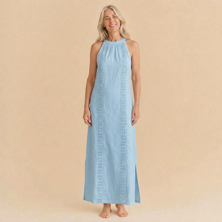 Jimena | Relaxed Embroidered Mandarin Collar Midi Dress