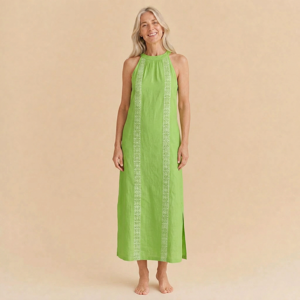 Jimena | Relaxed Embroidered Mandarin Collar Midi Dress