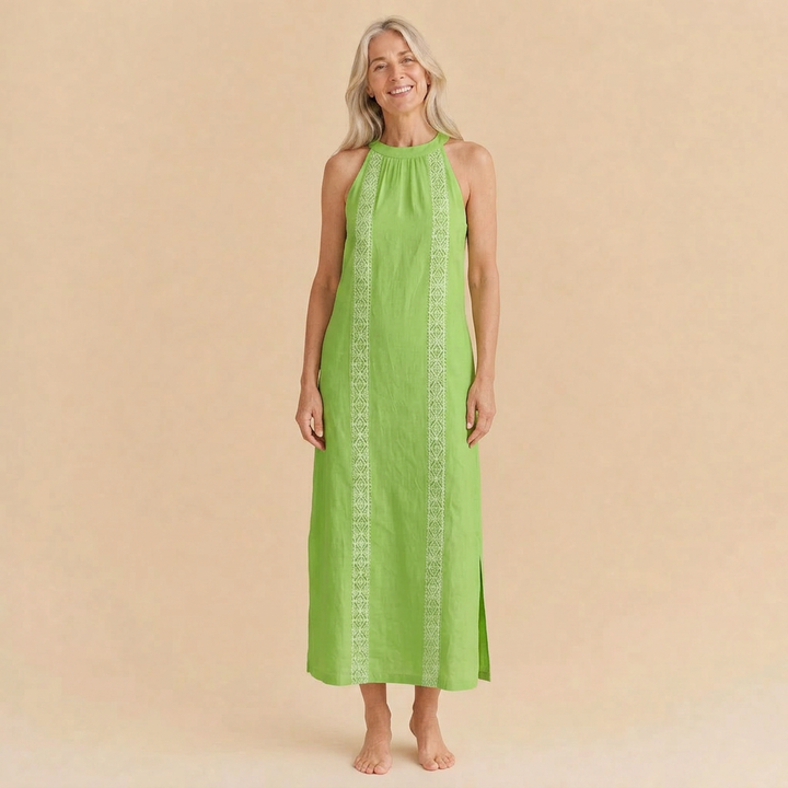 Jimena | Relaxed Embroidered Mandarin Collar Midi Dress