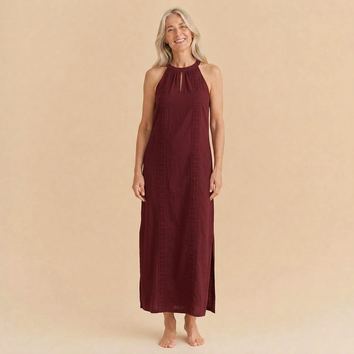 Jimena | Relaxed Embroidered Mandarin Collar Midi Dress