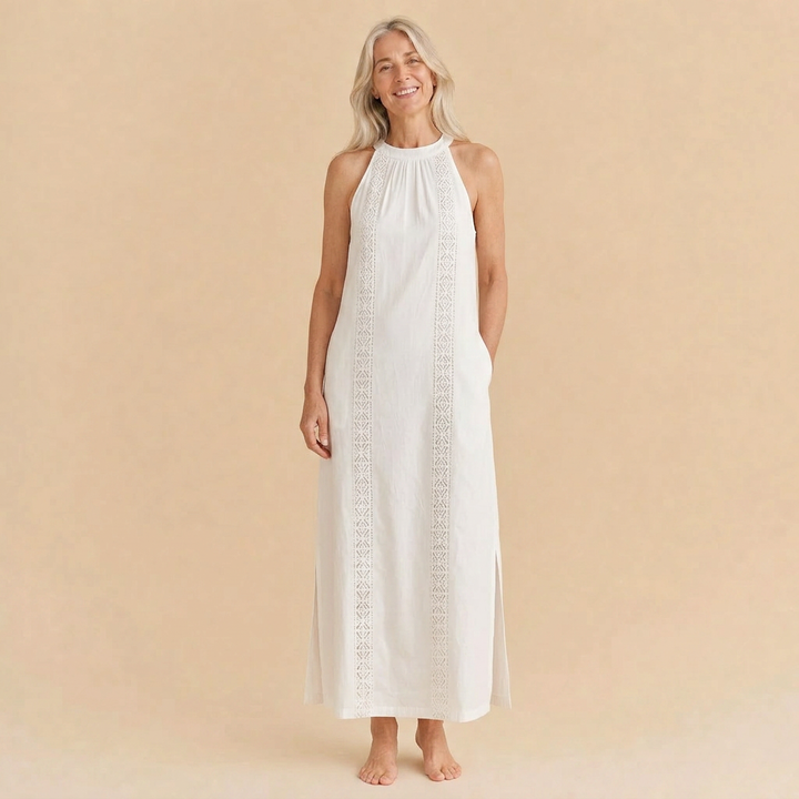 Jimena | Relaxed Embroidered Mandarin Collar Midi Dress