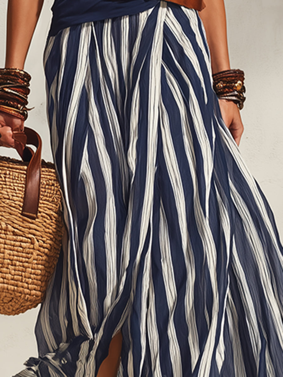 Navy and White Nautical Vacation Striped Slit Chiffon Skirt