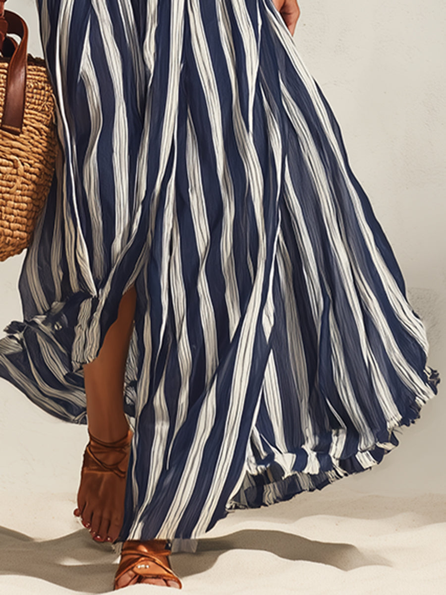 Navy and White Nautical Vacation Striped Slit Chiffon Skirt