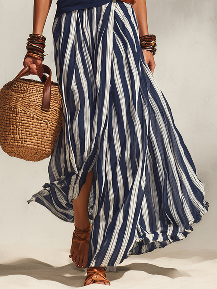 Navy and White Nautical Vacation Striped Slit Chiffon Skirt
