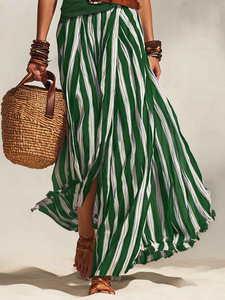 Navy and White Nautical Vacation Striped Slit Chiffon Skirt