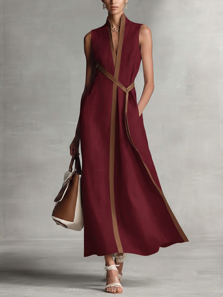 Stand Collar Linen Midi Dress